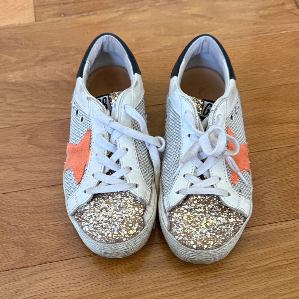 Golden Goose White Sneakers with Orange Star and Glitter Toe